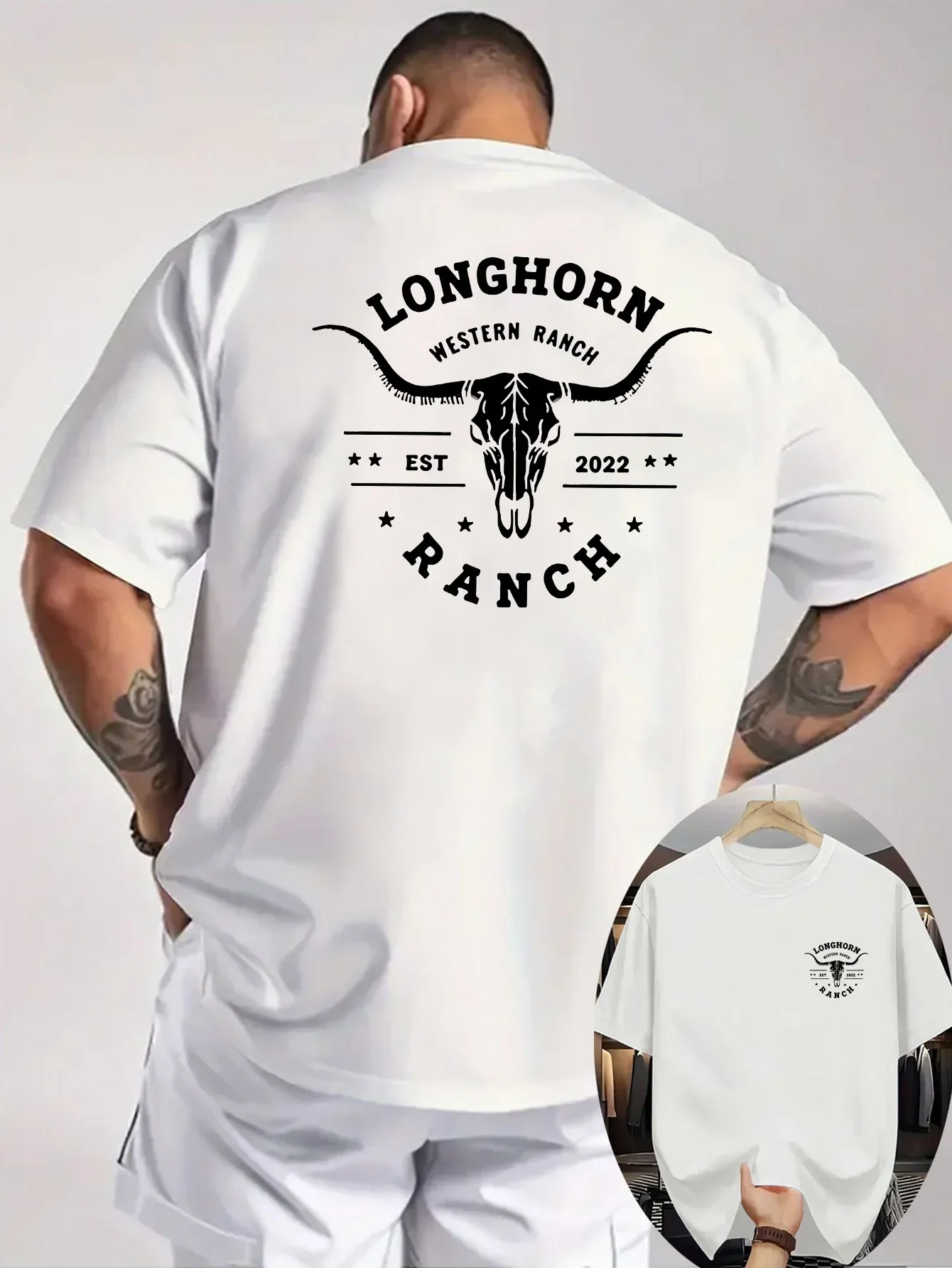 Men's 100% Cotton T-shirt with a Bull Skull and Western Design Casual Everyday Street Style Crew Neck Short-sleeved Top