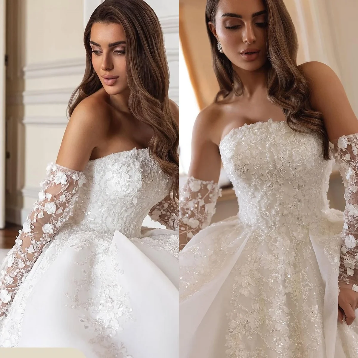 カスタムメイドの高級感あふれる、上品なストラップレスウェディングドレス。アップリケ、シフォン、パールをあしらったフォーマルなブライダルパーティードレス、豪華なブライダルガウン。