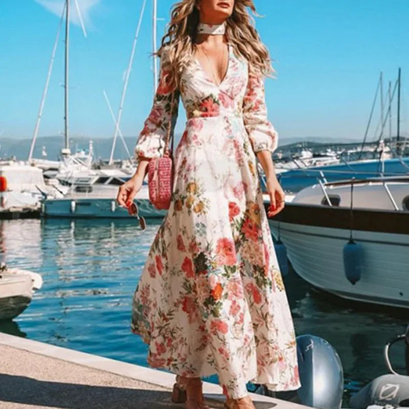 Vintage Bohemian Floral Printed Pleat Long Dress Casual V Neck High Waist Pullover Dress Elegant Lantern Long Sleeve Party Dress