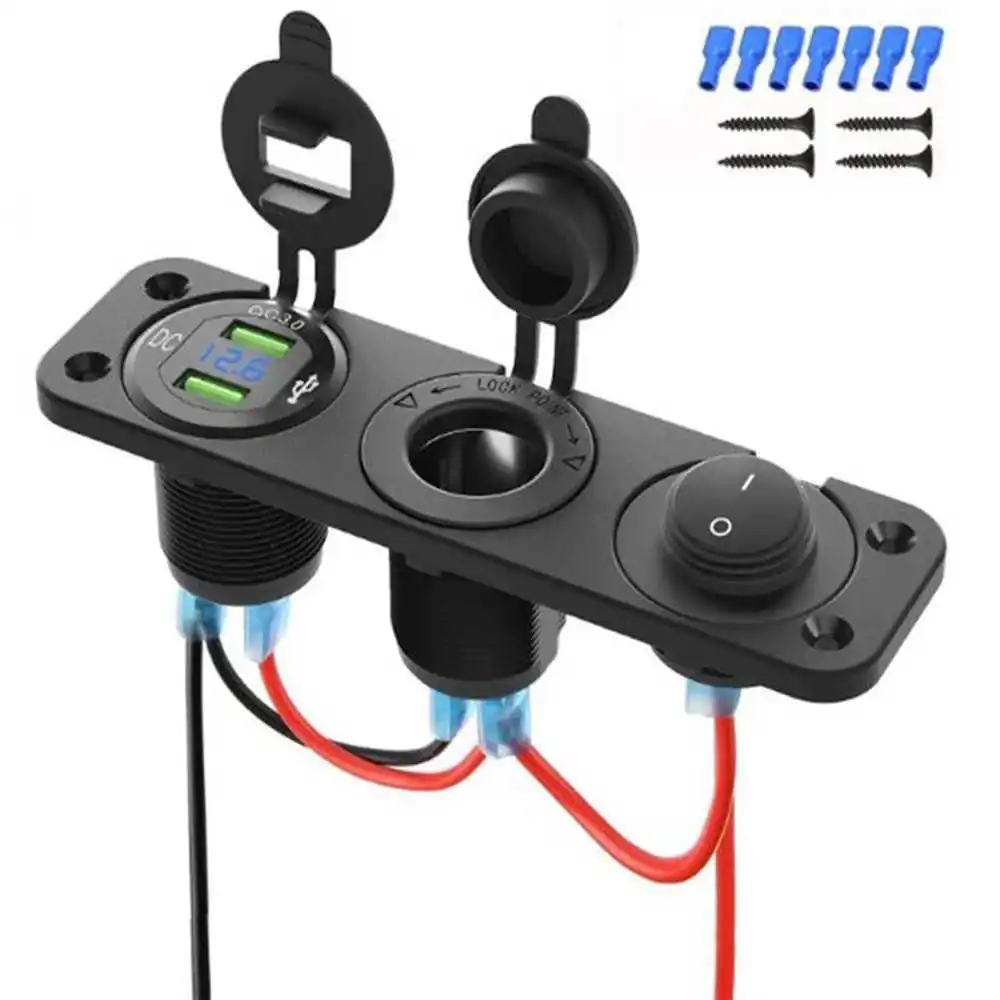 

12V Cigarette Lighter Socket 3 in 1 Waterproof Car Dual QC3.0 USB Outlet Panel for RV Marine Boat Power Socket Charger Socket