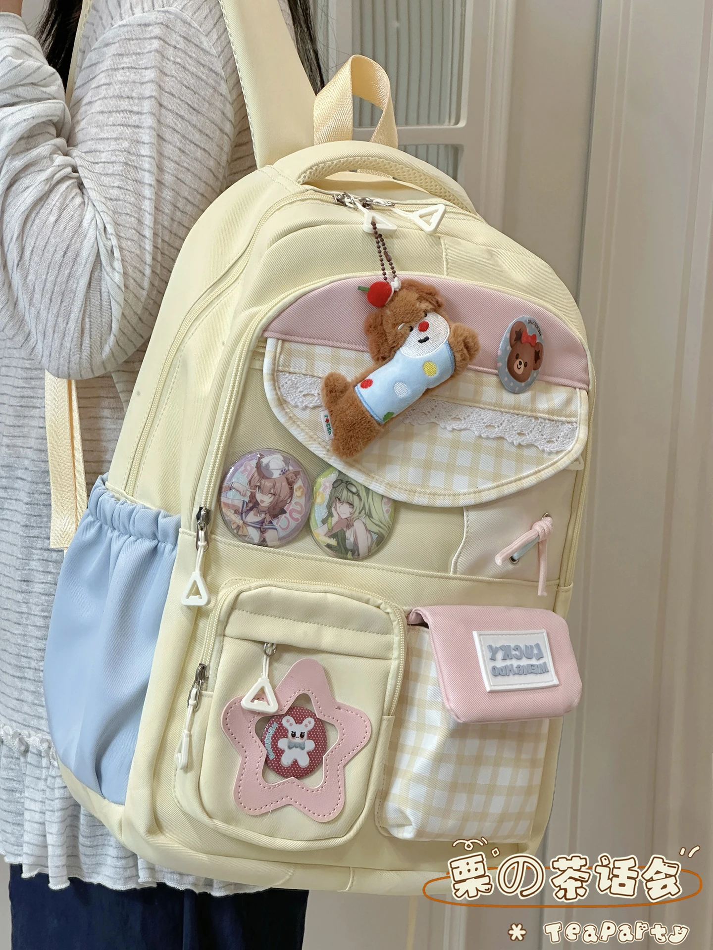 愛らしい軽量バパバッグ-中学生女子向け-多機能鉄製金具-ソフトキャンバスストラップ付き