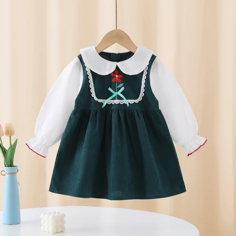 Girls Casual Dresses Long Sleeves Skirt with Baby Doll Collar Lovely Flower Design Siimple Style Kids Outfit Autumn Spring