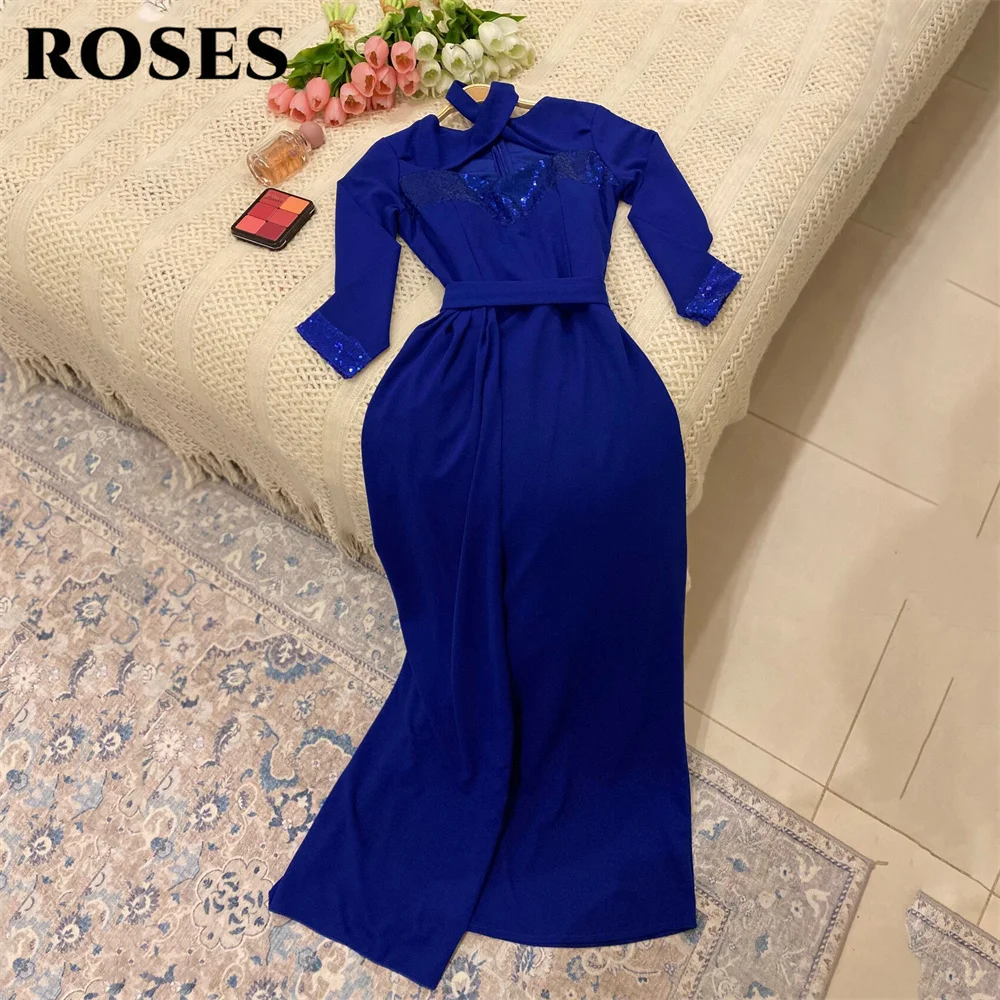 

ROSES Royal Blue Sequin Evening Gown Halter Neck Prom Dresses Long Sleeves Evening Dress Side Slit robes de soirée Customized