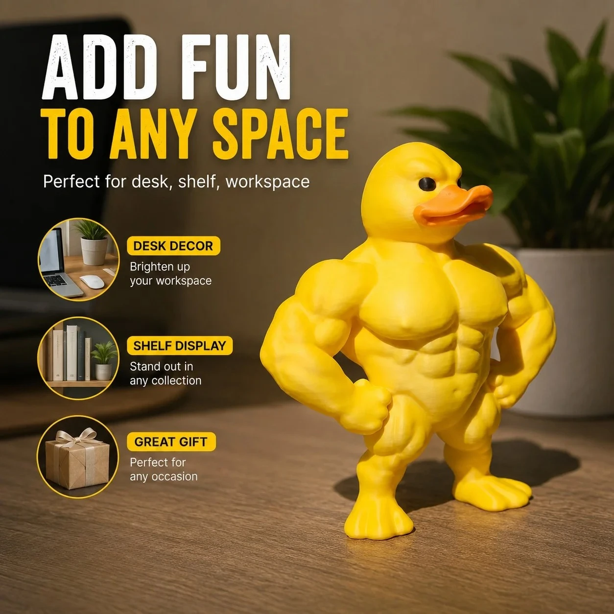 Muscle Duck Statue -3D Desktop Decor,Cute Bookshelf Whimsical Figurine,Multifunctional Indoor/Outdoor Decoration, Home Accessory