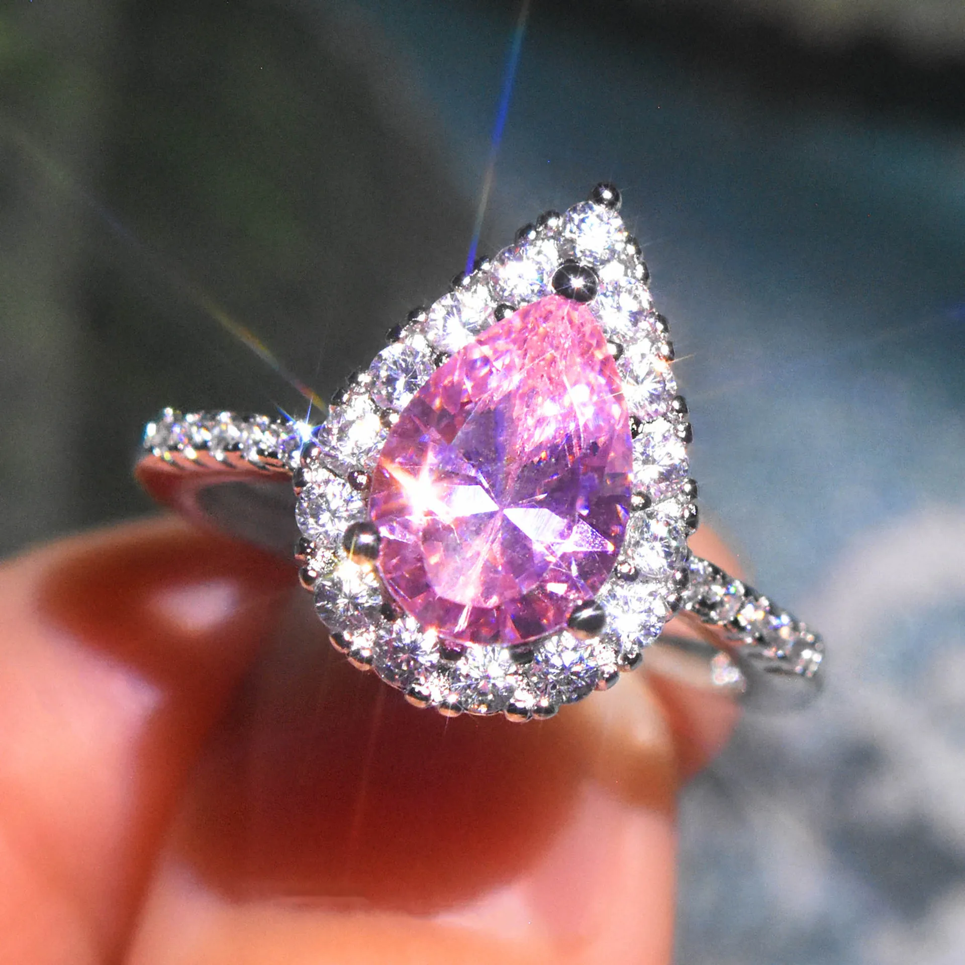 

Pear Cut Created Pink Sapphire 925 Sterling Silver Water Drop Adjustable Ring for Women Solitaire Gemstone Jewelry Wedding Gifts