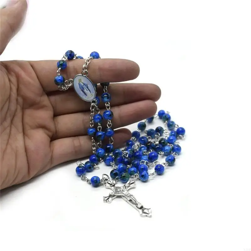 N2UE Catholic Glass Beads Rosary Necklace for Women Player Pendant Long Chains