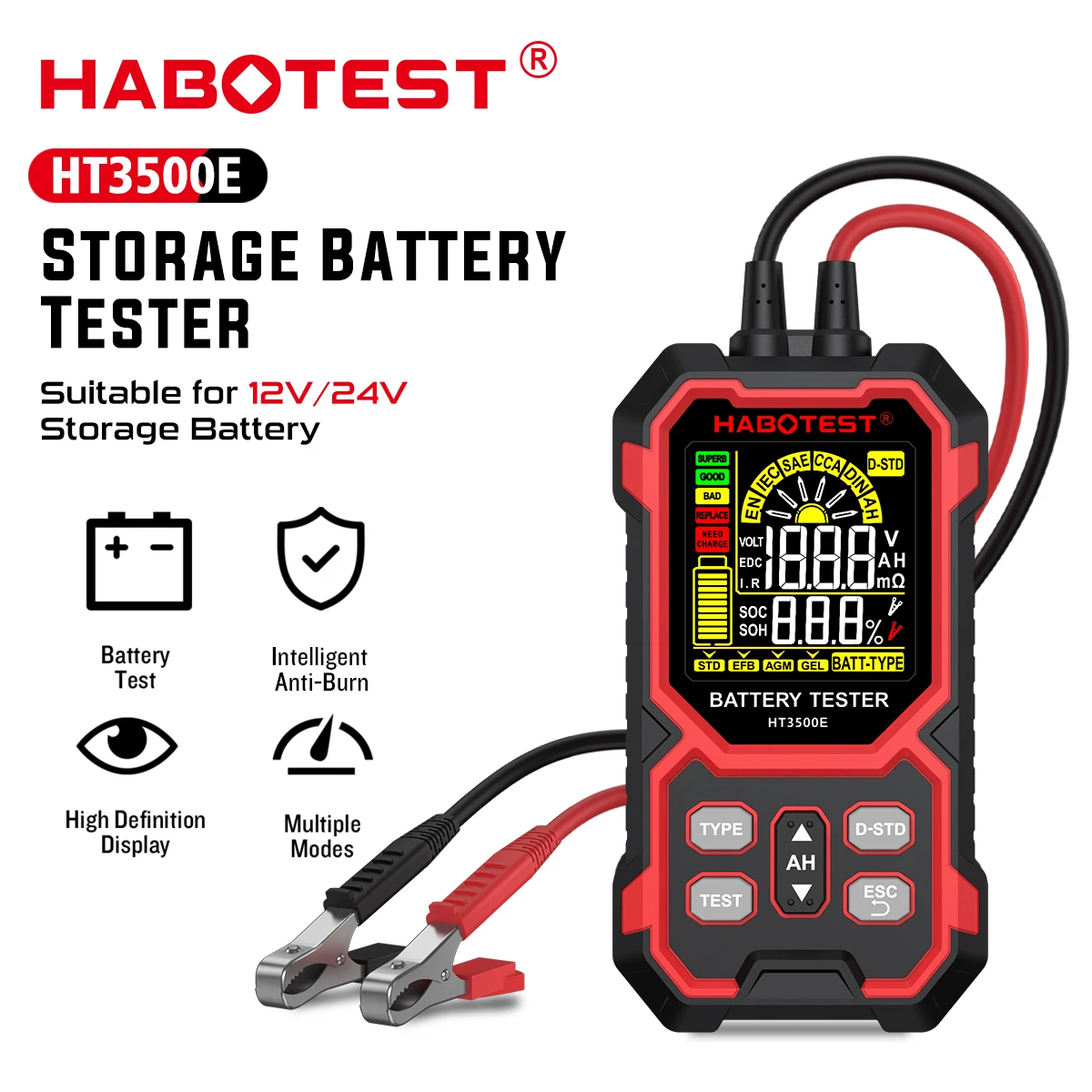 HABOTEST HT3500E Car Battery Tester 12/24V Automotive Tester Car Battery Analyzer STD,EFB,AGM,GEL Auto Motorcycle Cricut Voltag