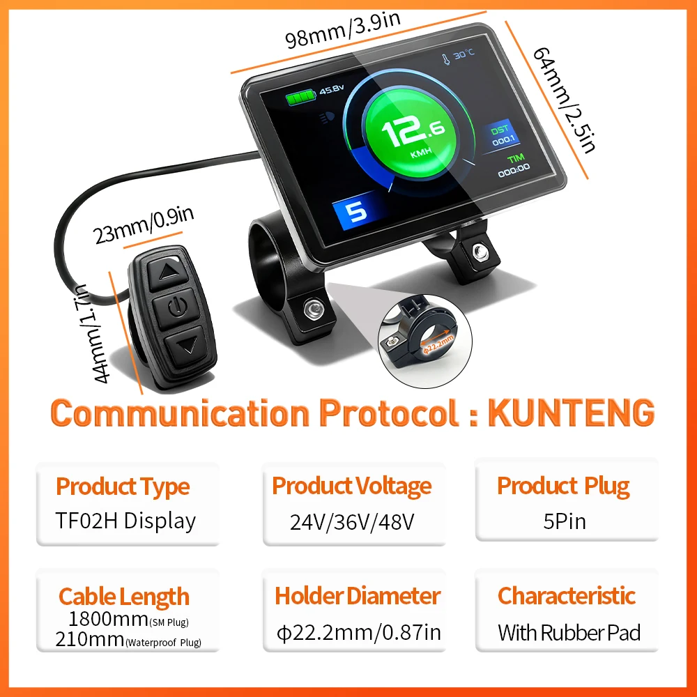 شاشة TFT للدراجة الكهربائية KunTeng TF02H بوظيفة USB | 24V/36V/48V | موصل Julet SM مقاوم للماء 5 دبابيس | قطعة غيار لمتحكم KT
