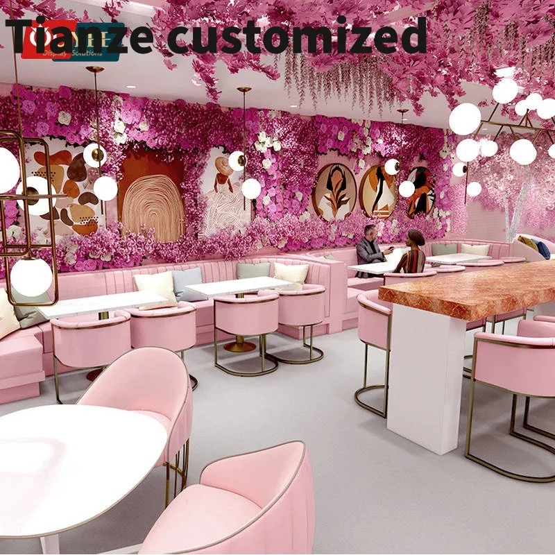 Customized-Shop Design Wooden Cabinet Store Fixtures Coffee Glass Pink Coffee Shop Bar Counter Decoration Coffee Shop