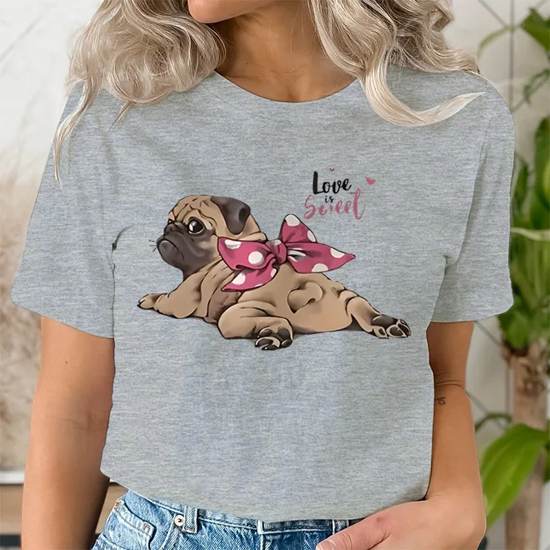 Woman Funny T Shirts Pug Lovers Gifts Fashion Woman Blouse Round Neck Dog Lover T-Shirt Cute Pugs Summer Short Sleeve T-shirts