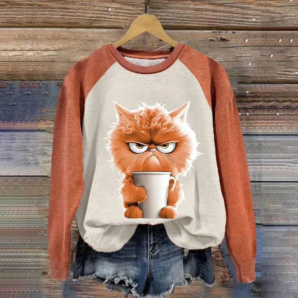 Vrouwen O-hals Tops Grappige Leuke Kat Art Print Casual Katoenen Hoodie Sweatshirt Kawaii Dieren Patroon Trui Vrouwelijke Kleding