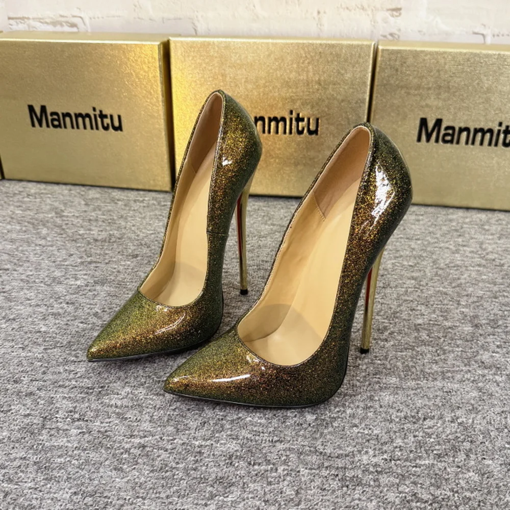 

Туфли на высоком каблуке 16/14/12 см, женские туфли-лодочки, блестящие туфли унисекс для косплея, с острым носком, на низком каблуке, без застежки, цвета: нюд, белый, золотой, на заказ