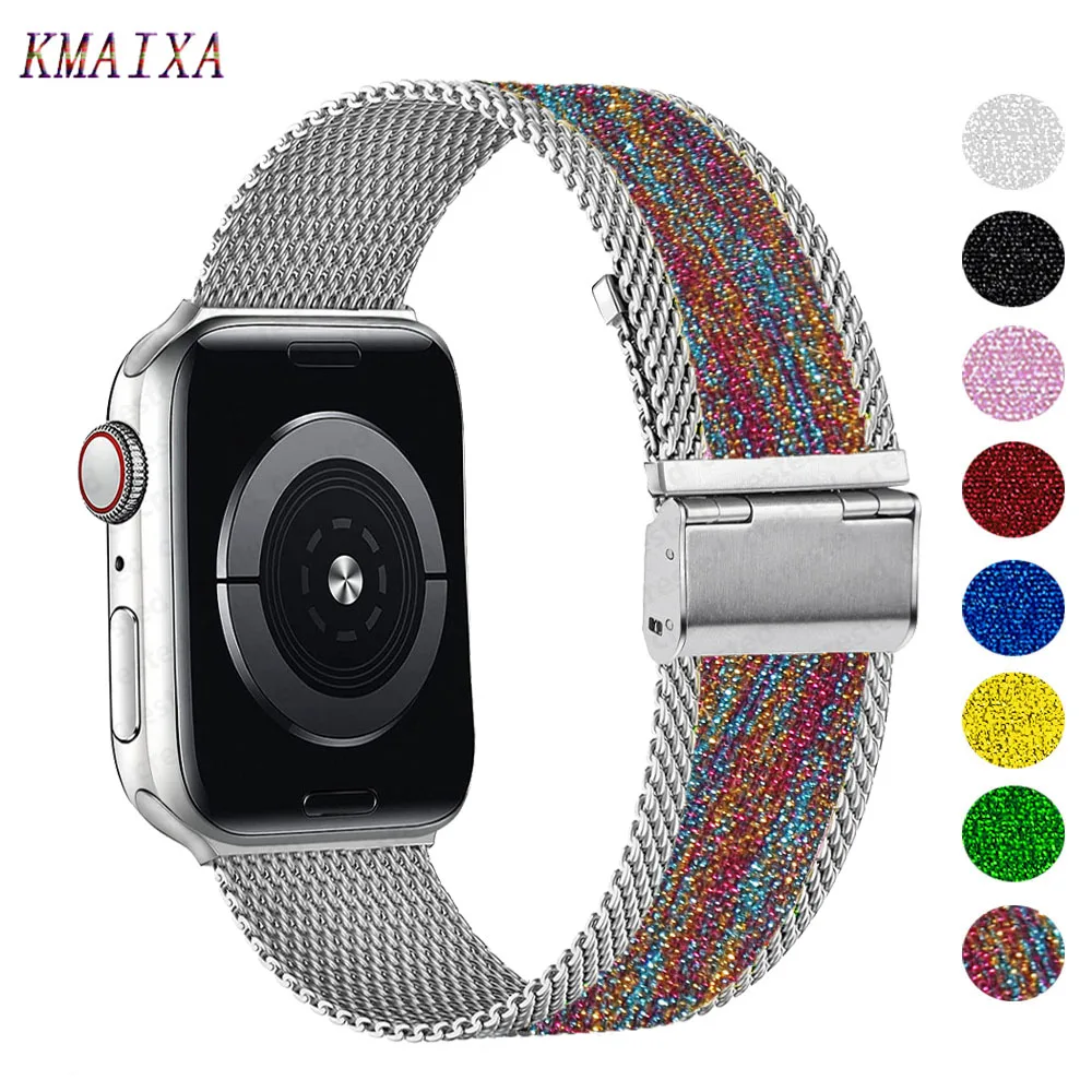 Shiny Strap For Apple watch band 40mm 44mm 45mm 41mm 38mm 42mm 44 mm Soft Elastic Nylon bracelet iWatch series 3 4 5 6 se 7 band