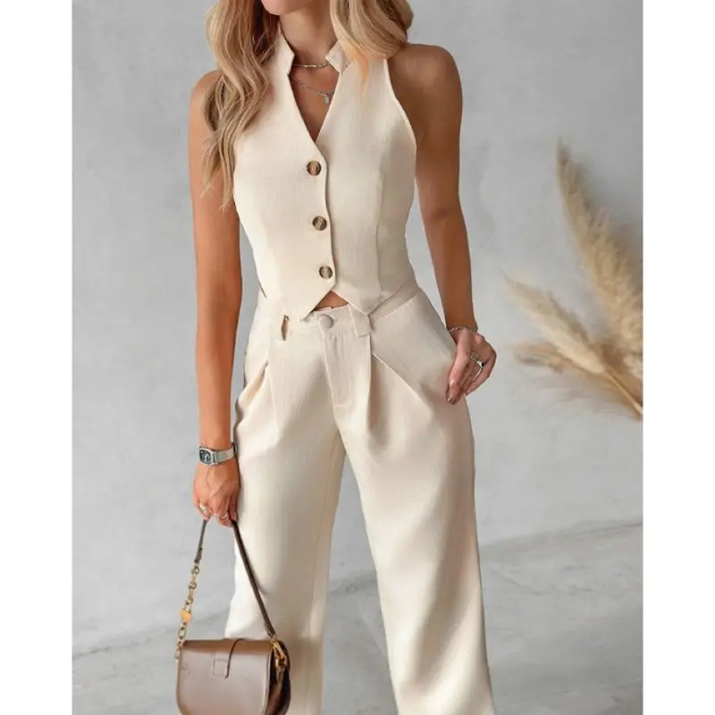 2025 Summer Solid Color Sleeveless Waistcoat Women Suit Fashion Slim Short Jacket Simple Elegant Female Office Pants 2 Piece Set