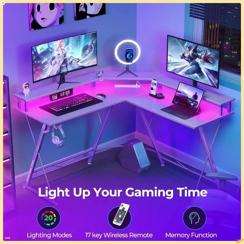 L-Shaped Gaming Desk 50.4" with LED Lights & USB Ports, Carbon Fiber Computer Desk with Monitor Stand for Gamers