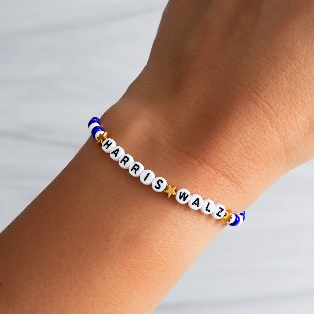 1pc Harris Walz Letter Glass Beaded Strand Bracelet Blue White Star Accent Trendy Unisex Round Bead Style 17.5cm 6.89in