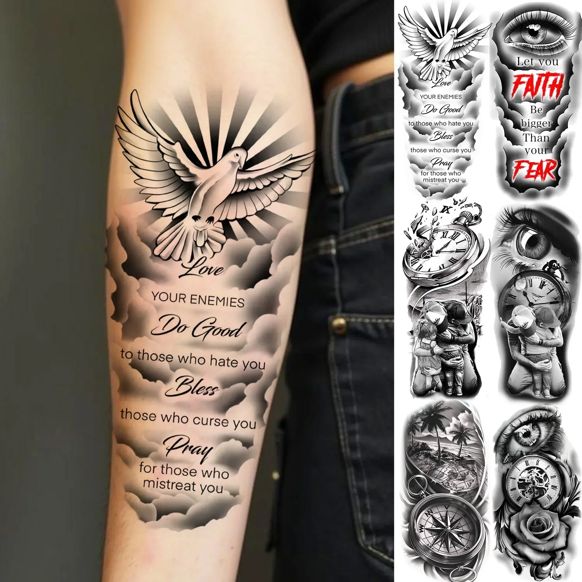 

1 Sheet Bless Belief Faith Engraved Temporary Tattoos Family Love Tatoos Waterproof Realistic Fake Tattoo Stickers Long Lasting