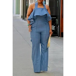 Plus Size Daily Casual Blue Solid Camisole Backless Ruffled Wide Leg Halter Jumpsuit