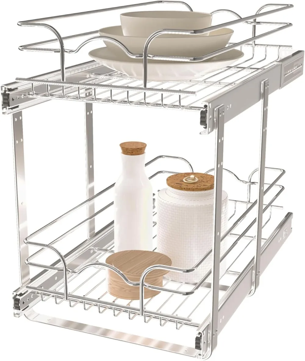 2-Tier Kitchen Cabinet Pullout Shelf and Drawer Organizer Slide Out Pantry Storage Basket in Multiple Sizes,5WB2-1222CR-1