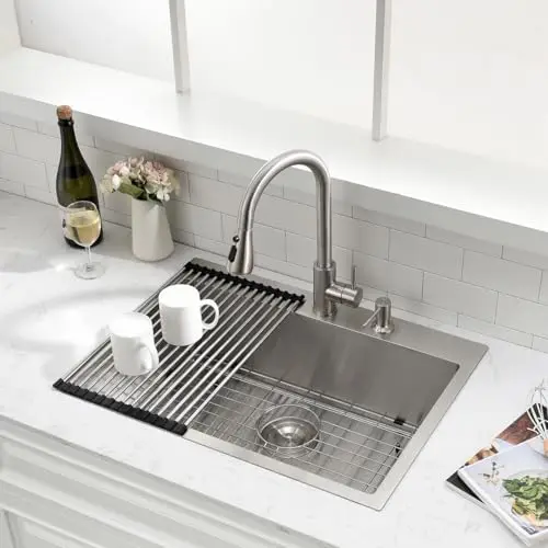 

26 Inch Top Mount Stainless Steel Single Basin Kitchen Sink Featuring Integrated Dish Drying Rack