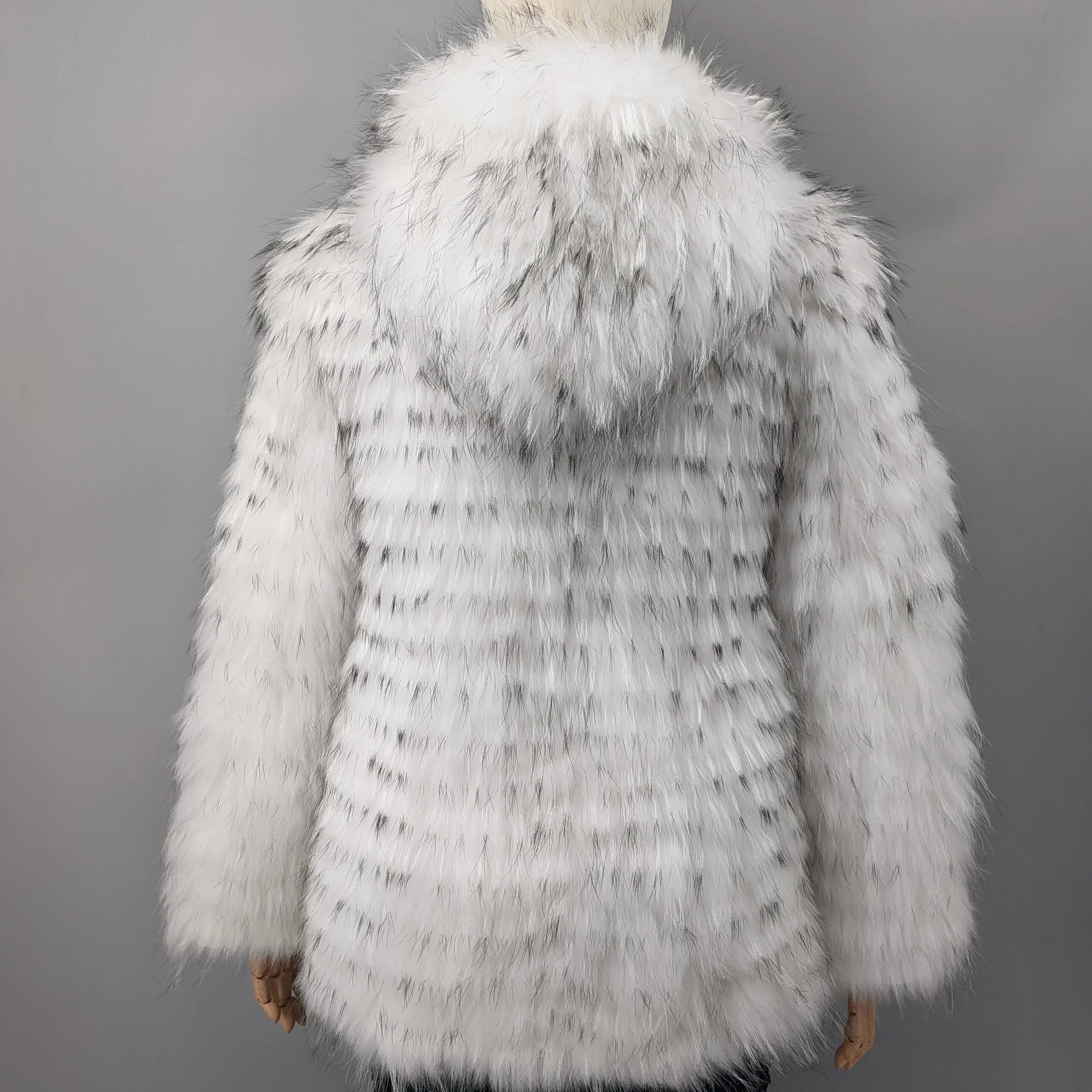 Real Fox Fur Striped Hooded Coat Women White Long Sleeve Luxury Fur Open Front Outerwear Jacket 23A1024