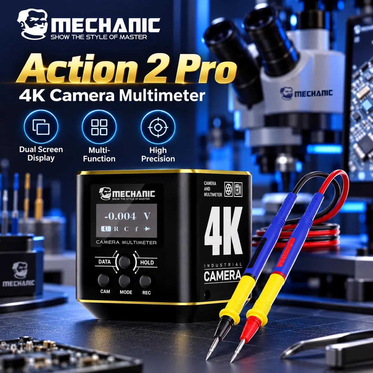 MECHANIC Action 2 Pro 4K industriële camera-multimeter, IMX678, 5 inch dubbel scherm, nauwkeurige meting voor het synchroniseren van gegevens, geschikt voor het repareren van printplaten.