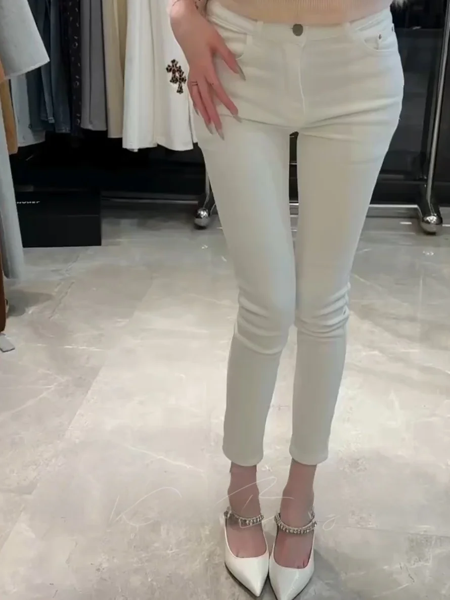 

High Waist Slim Fit Jeans Women's Autumn Winter Cotton Stretch Denim Pants Korean Sle Plump Butt Cherry Blossom Hip Jeans