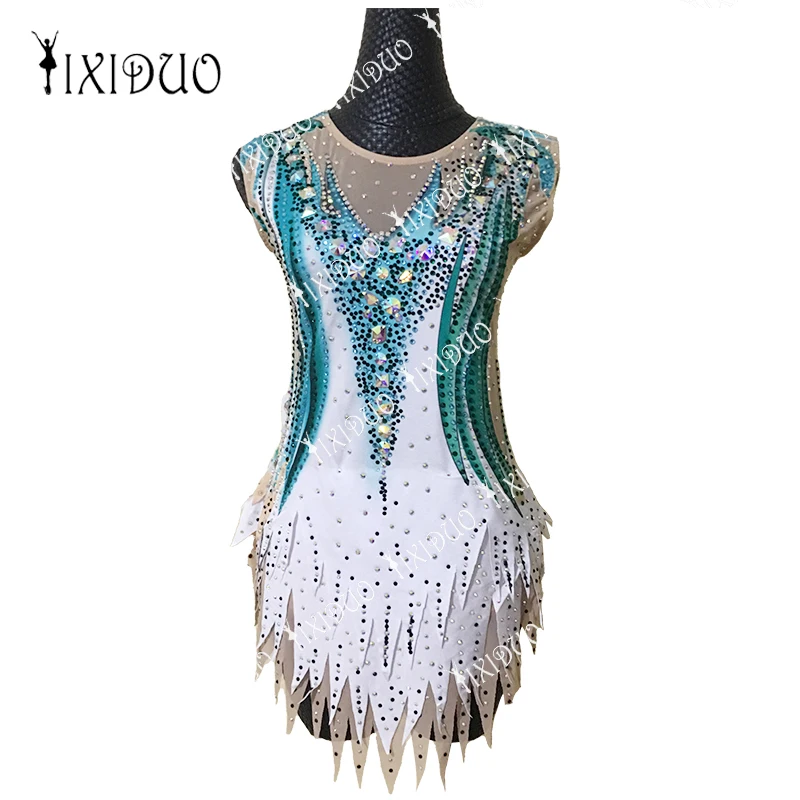 Women Sleeveless Rhythmic Gymnastics Leotards Shiny Handmade Jeweled Girls Figure Skating Dress Skirt Stage Performance Costume