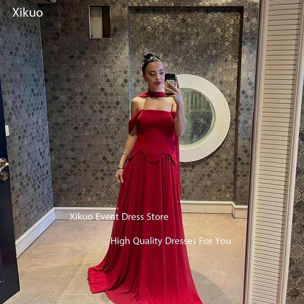 

Xikuo Classic Red Satin Evening Dresses Pleated Ribbons Off Shoulder Robes De Soirée A Line Vestidos De Gala De Noche Customized