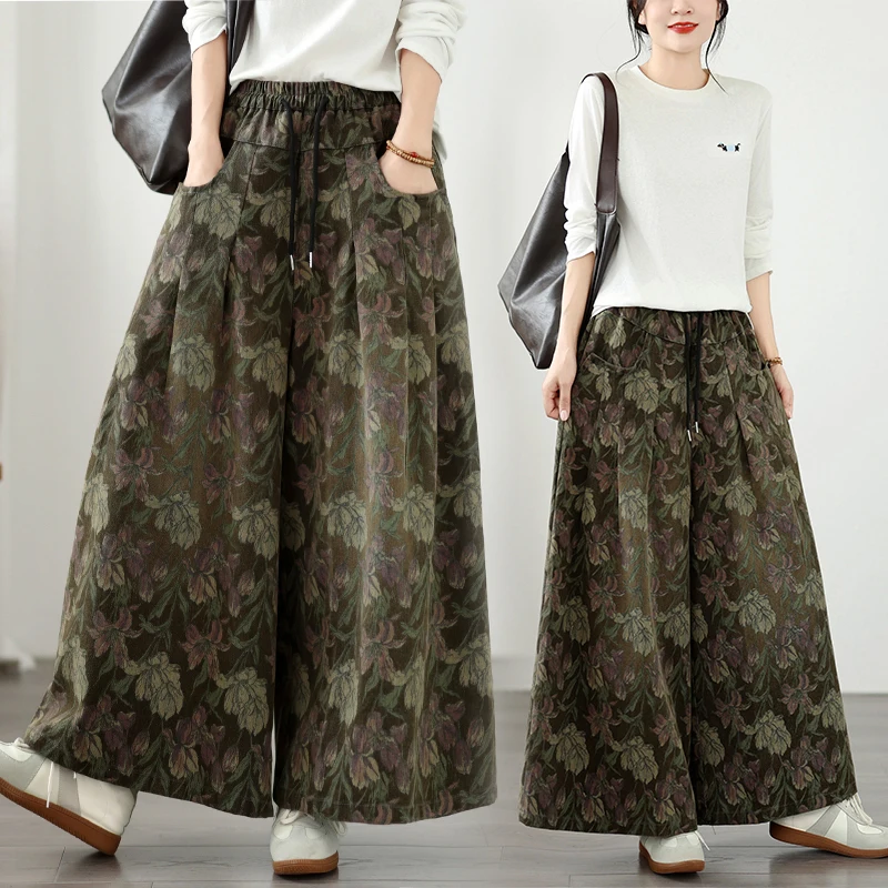 plus Size Casual Loose Fit Printed Denim Wide Leg Pants High Waist Long Trousers Cotton Polyester Blend Autumn Fashion