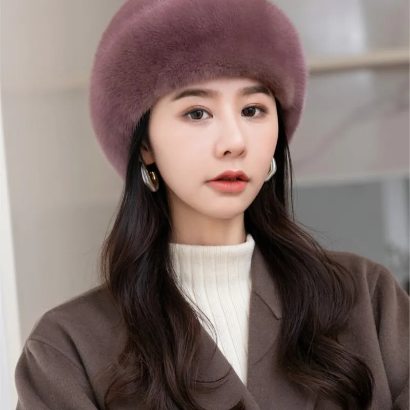 Middle-aged and elderly leather hat ladies elegant temperament fur real warm