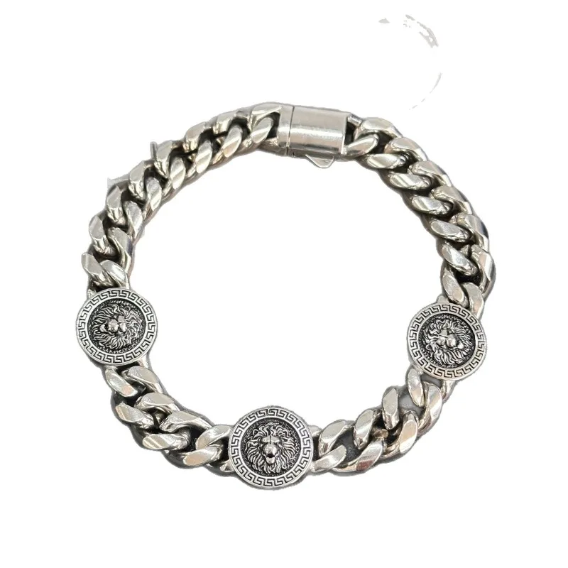 Retro Lion Head King of Forest Cuban Link Bracelet Unisex, European Style Never Fade Vintage Fashion Wrist Jewelry