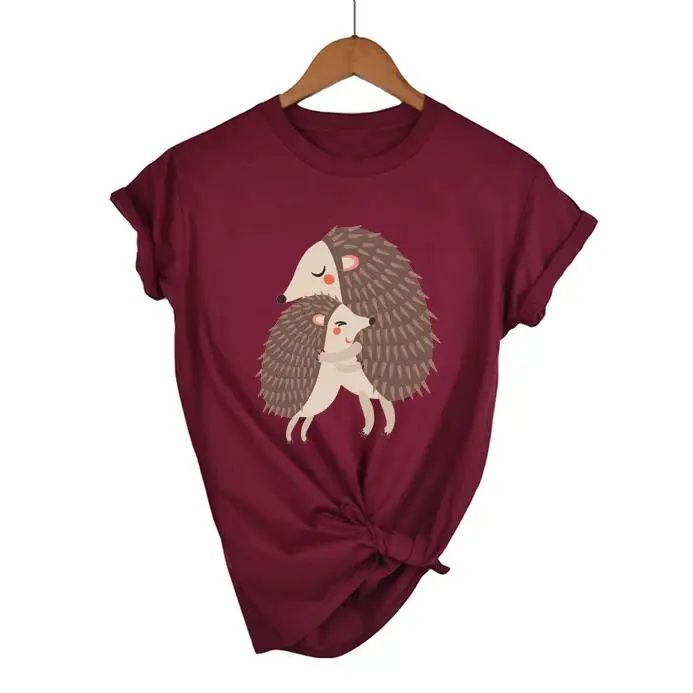 2021 Moda divertente Top in cotone Hedgehog Hug Stampa T-shirt per le donne O-Collo femminile Manica corta harajuku Tees feminina