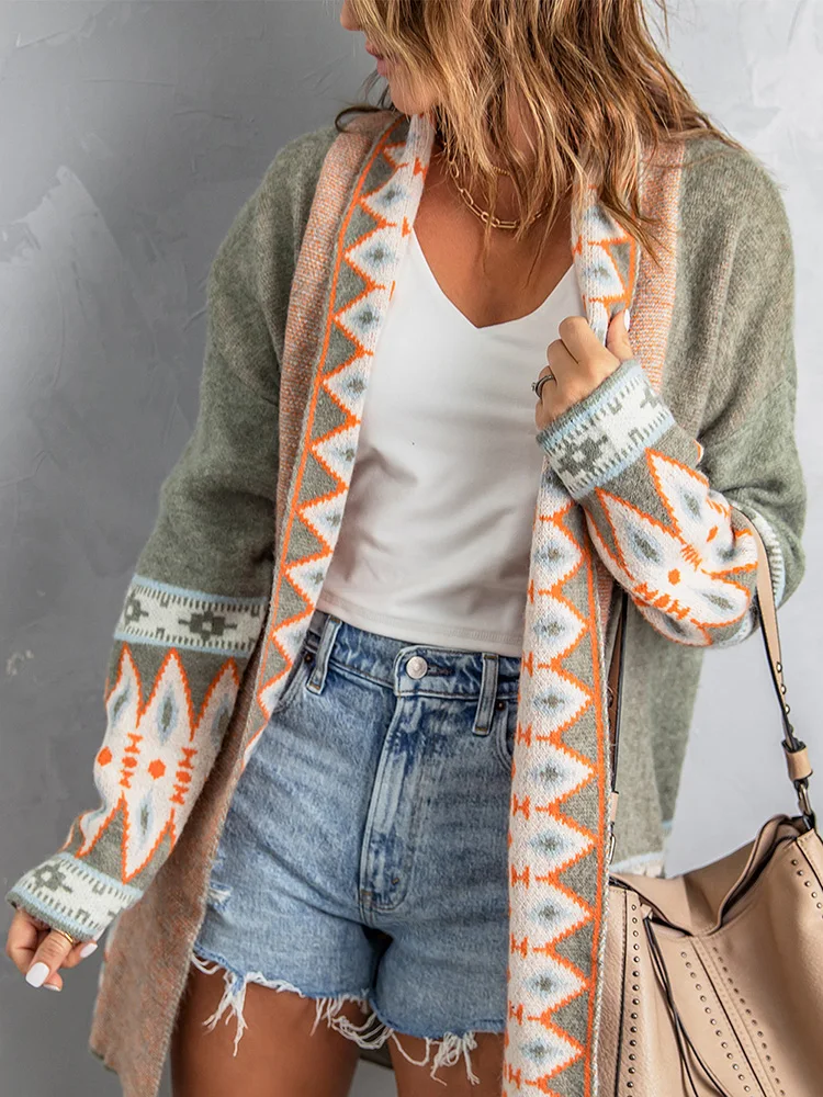 GypsyLady Boho Vintage Knitted Sweater Cardigan Green Open Front Autumn Spring Women Ethnic Style Ladies Long Jumper Sweaters