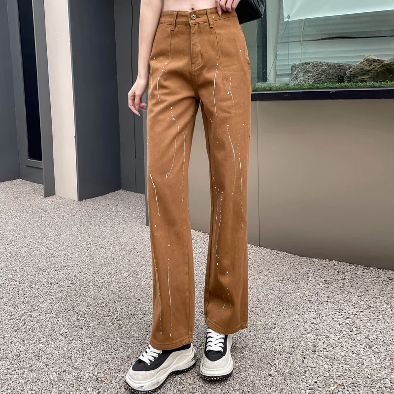 

Brown Jeans for Women High Waist Printing Fashion American Streetwear Y2K Vintage Wide Leg Jean Female Trouser Baggy Denim Pants