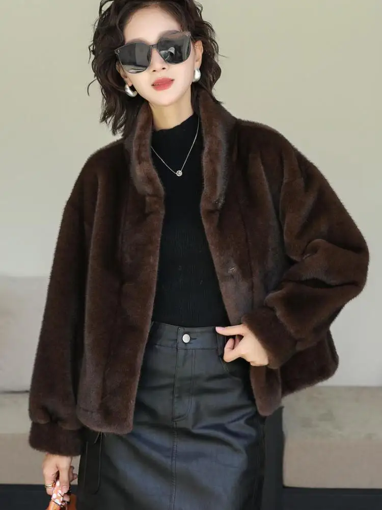 

Корейский зимний коричневый универсальный кардиган с длинными рукавами, имитация норки, плюшевое пальто, женское однобортное праздничное теплое короткое пальто