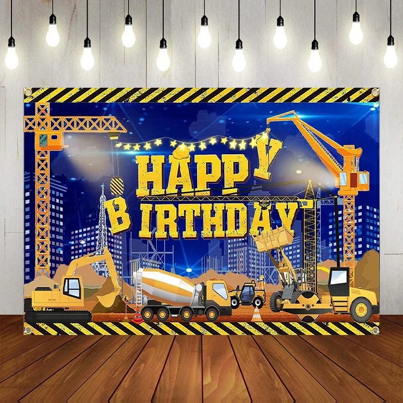 Construction Happy Birthday Party Decoration Banner Dump Truck Backdrop Background Excavator Crane Dump Truck Digger Zone Boys