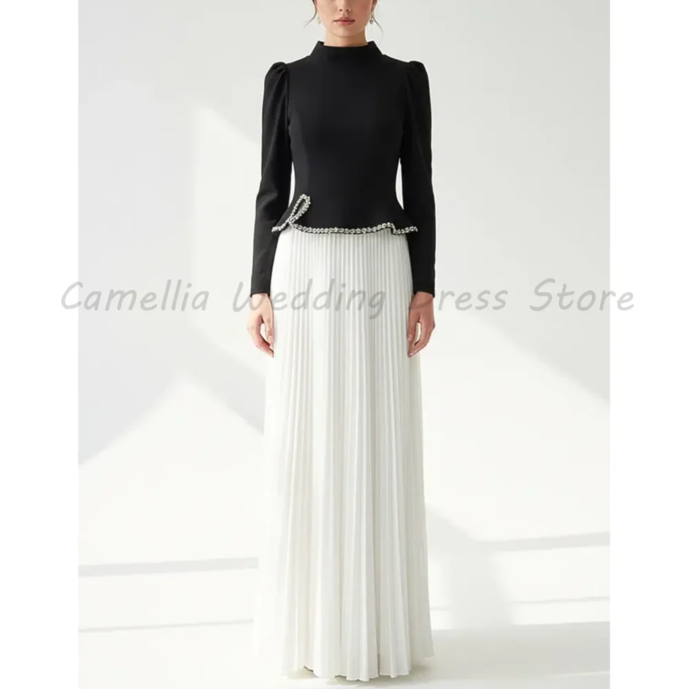 

Black and White High Neck Evening Gown Long Sleeve with Beaded Waist Detail Pleated Chiffon A-Line Formal Maxi Dress