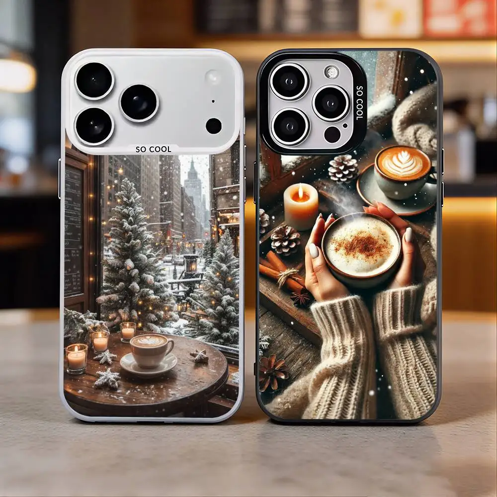 Christmas winter Coffee Phone Case For iPhone 17,16,15,14,13,12,11 Plus,Pro Max,Colored Silver Phone Case
