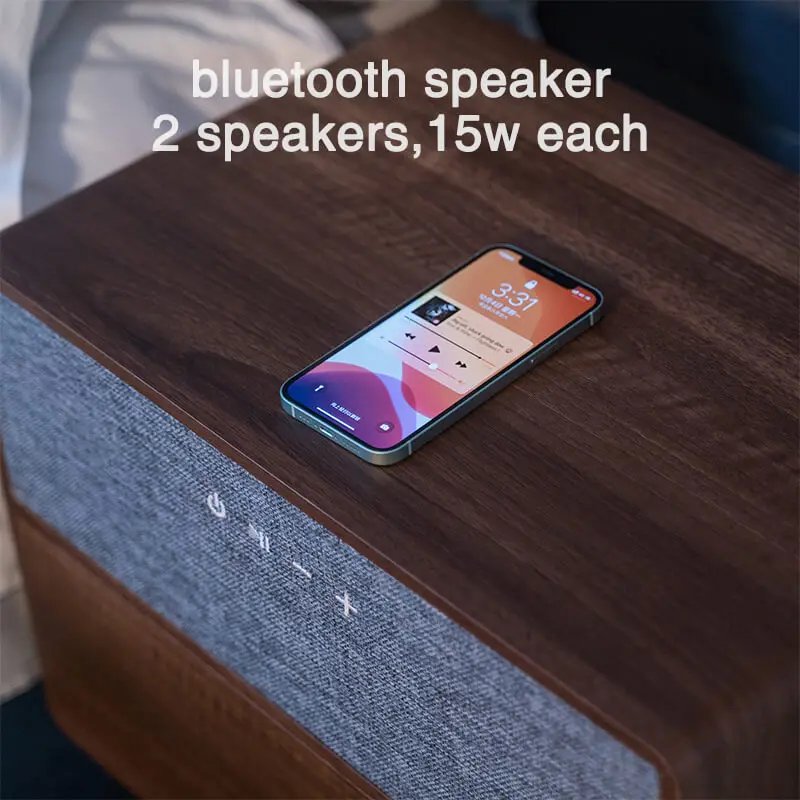 French Nordic Luxury Bed Side Wood Black Storage Drawer 15w Wireless Blue Tooth Speaker Bedside Nightstand