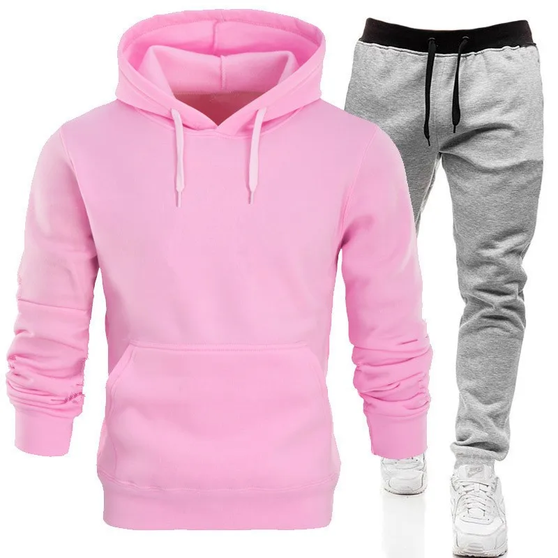 Spring Autumn Men's Sports Suits Plus Size Hoodie Set Solid Color Fashion Hooded Pullover Sweatshirt Pants Two Piece Set