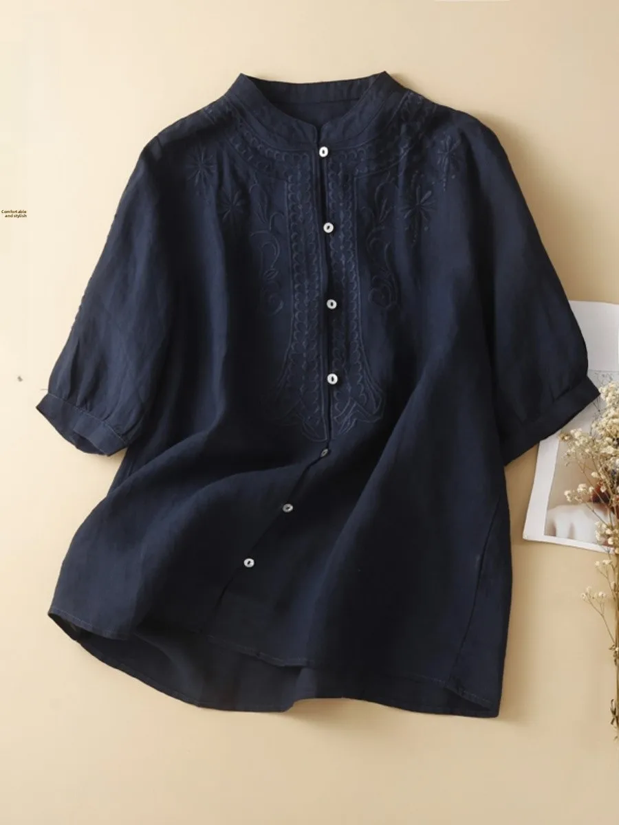

Retro Embroidered Flax Cotton Linen Women's ort Sve irt Summer Trendy Loose Fit Commute Sle Pure Color Button up