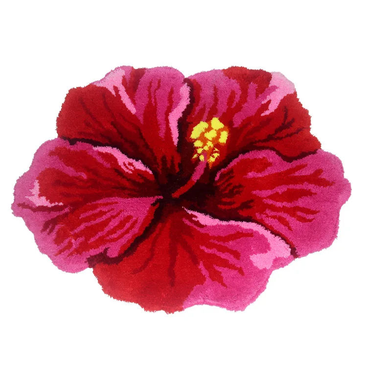 80X60cm Red Hibiscus Flower Flocking Rug Bathroom Bath Mat Non-slip Carpet Bedroom Living Room Handmade Shaggy Floor Pad Doormat