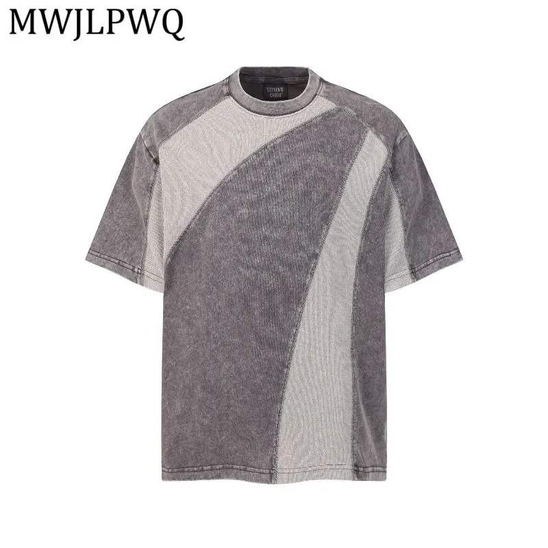 

MWJLPWQ American Style High Street Color-Blocking T-Shirt Men's Short-Sleeve Round Collar Personalized Casual Tops Summer 15514