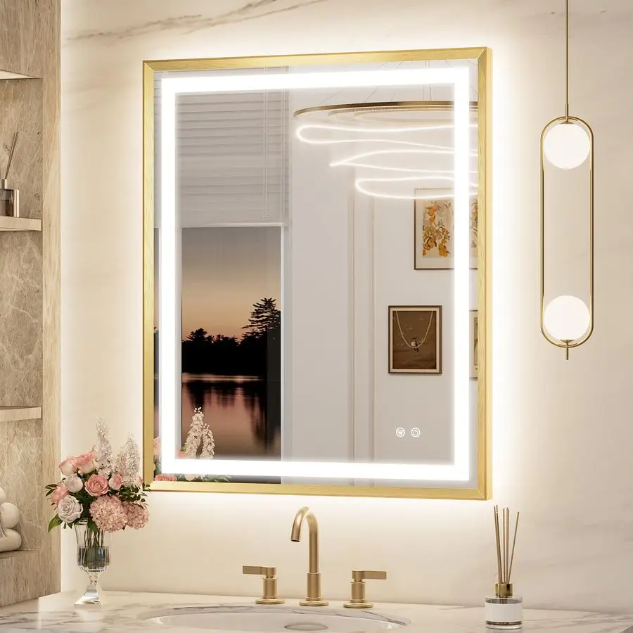 

Золотое светодиодное зеркало для ванной комнаты 30 x 36 дюймов, зеркало для ванной комнаты с передним усилителем и задней подсветкой для туалетного столика, закаленное стекло, светодиодный драйвер в список UL,