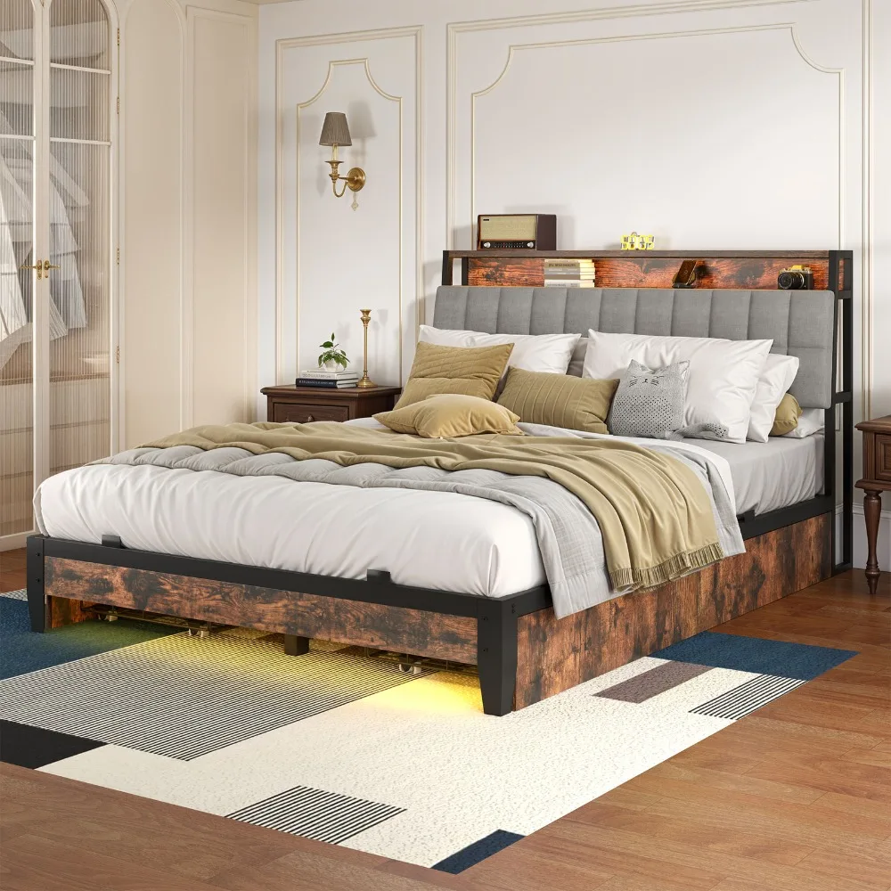 

Queen Size Bed Frame w/ Upholstered Platform 87 x 60 & 4 Drawers