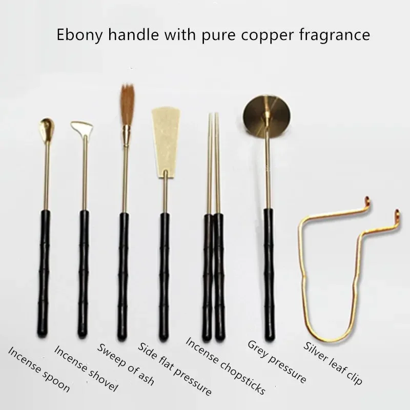 Pure Copper Seven Piece DIY Incense Road Tools Incense Chopsticks Incense Spoon Feather Sweep Silver Leaf Cloth Bag Supplies