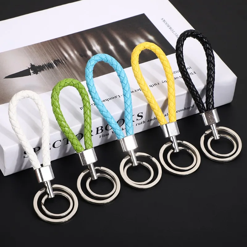 Metal Double Ring Braided Custom LOGO Leather Keychain Couple Color Car Key Chain Pendant Keyring Wholesale