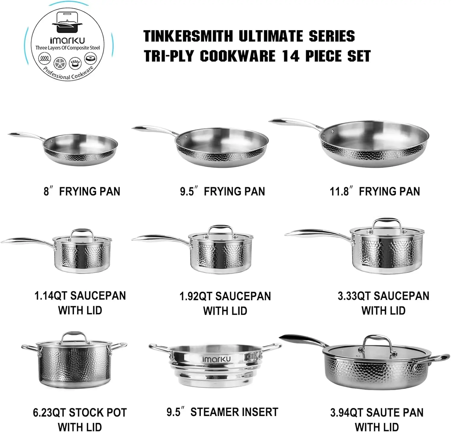 Stainless Steel Pots and Pans Set 14-Piece Tri-Ply Hammered Stainless Steel Cookware Set Professional Induction Kitchen Cookware