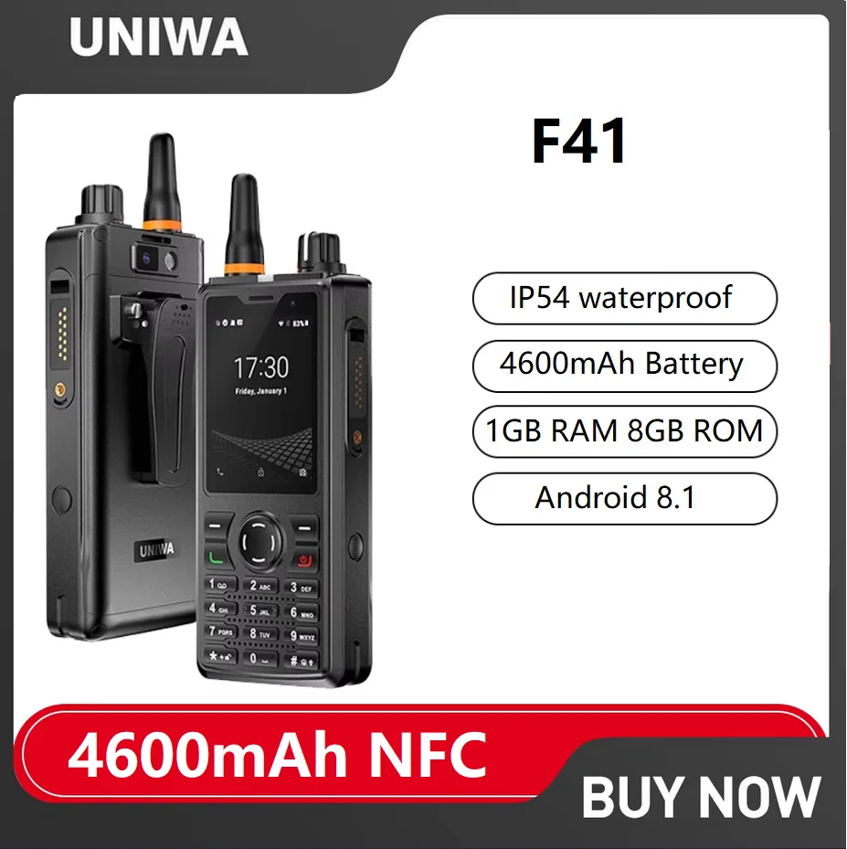 UNIWA F41 4G POC Walkie Talkie Zello Robuuste telefoon 2,4 "Touchscreen 1GB + 8GB Waterdicht Android 8.1 4600mAh NFC Mobiele telefoon celular